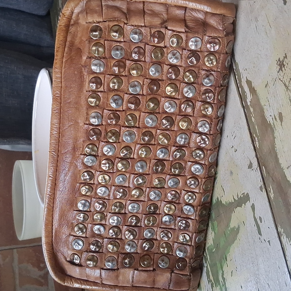 Platania Genuine Leather Wristlet— Tan Brown- Studded Design - Picture 2 of 9